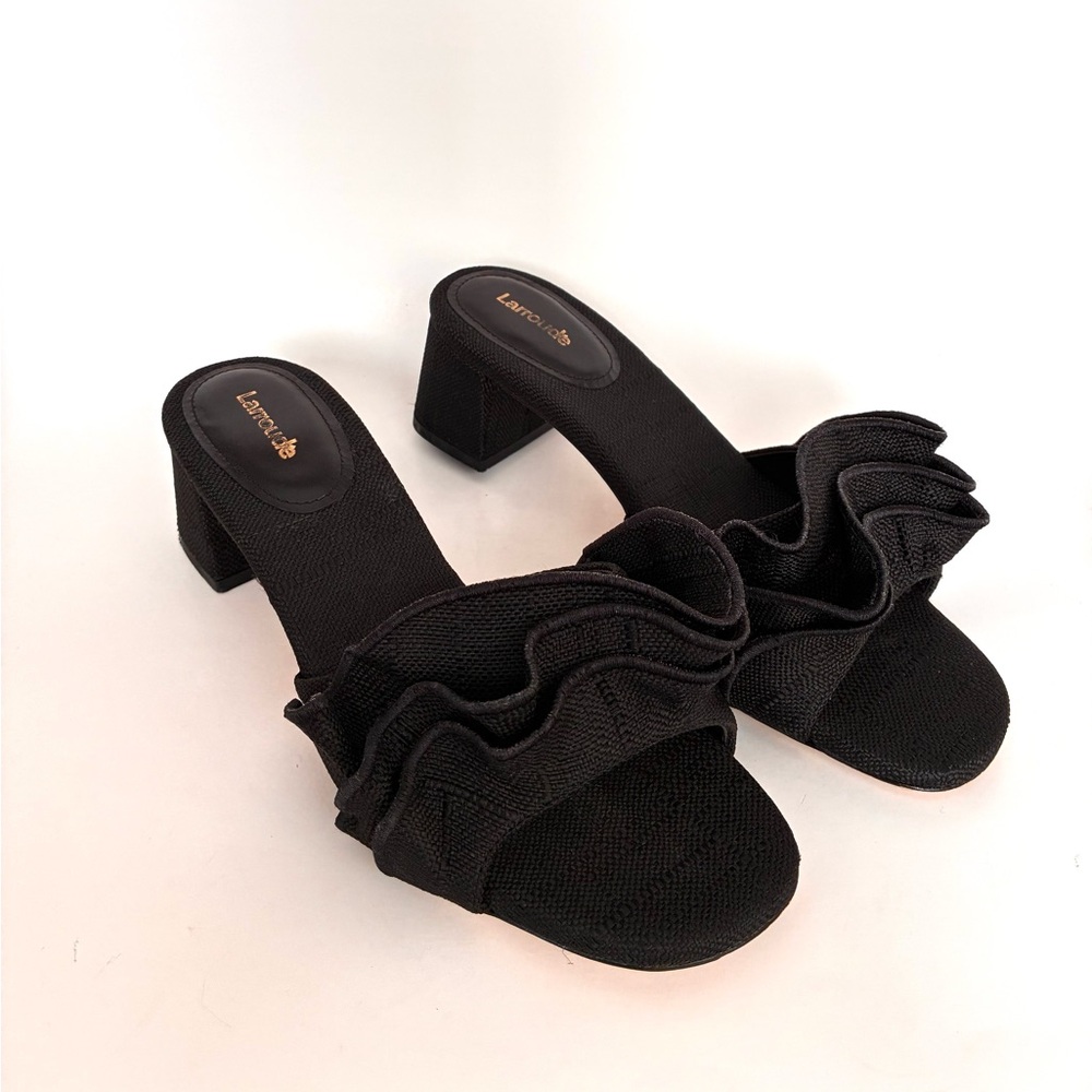 Larroude Brigitte Ruffle Raffia Block Heel Sandals (9.5) - Picture 2 of 13